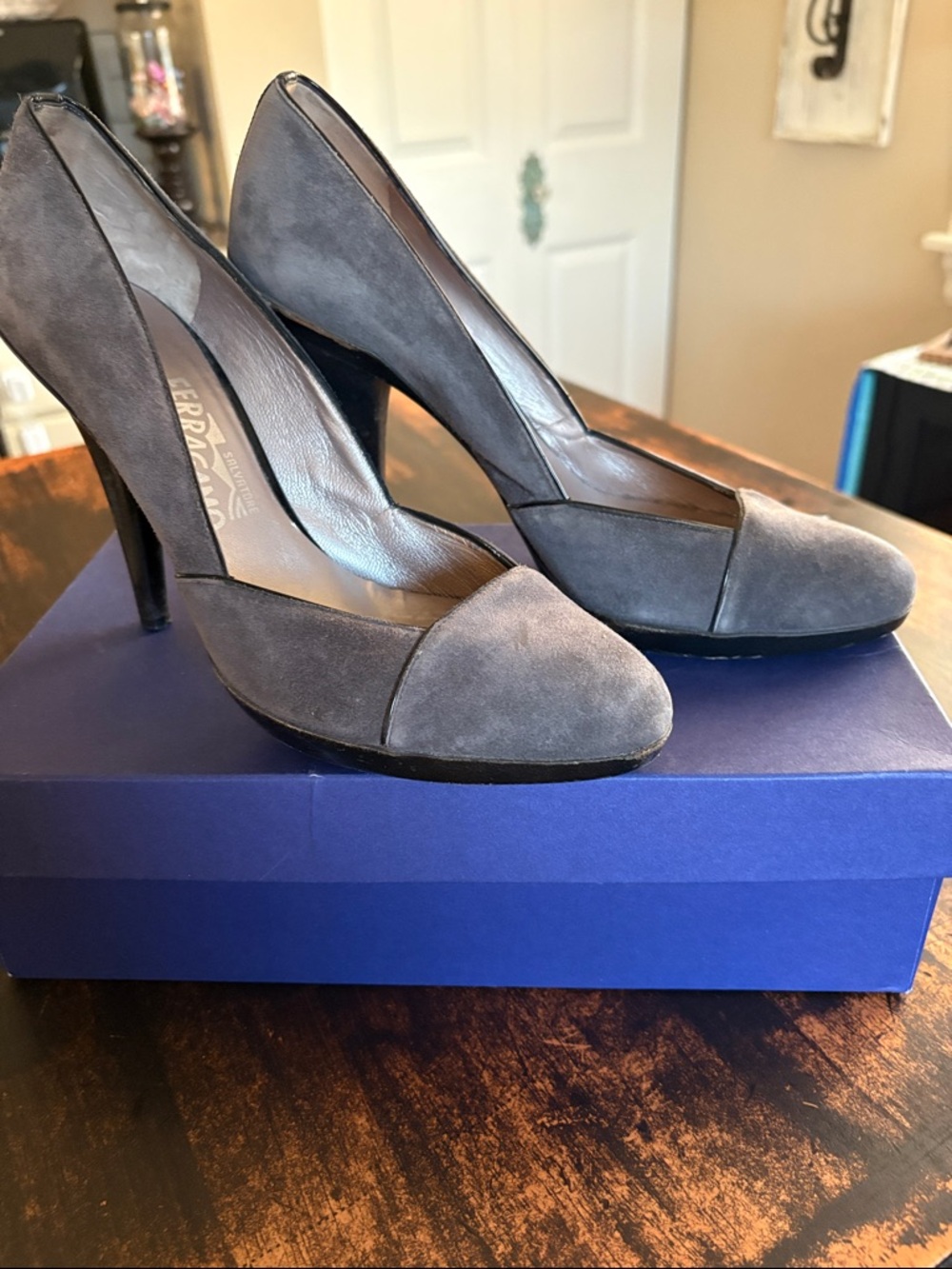 Salvatore Ferragamo Gray Suede Round-Toe Pumps